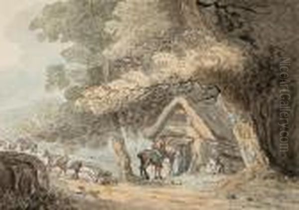 Figures Before A Thatched Woodlandcottage Oil Painting by Thomas Rowlandson