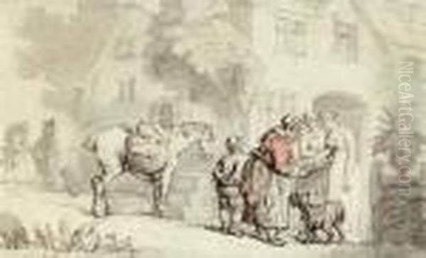 A Pedlar Selling Her Wares At A Country Manor Oil Painting by Thomas Rowlandson