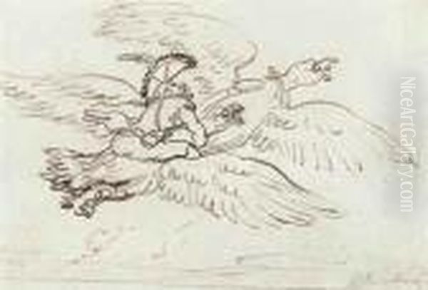 Baron Munchausen's Extraordinary
 Flight On The Back Of An Eagle,supported By A Second Eagle Oil Painting by Thomas Rowlandson