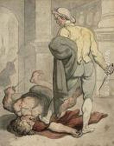 A Roman Quarrel Oil Painting by Thomas Rowlandson