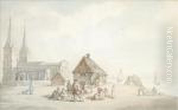 Figures Outside Reculver Church Oil Painting by Thomas Rowlandson