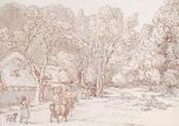 Figures And Cattle Before Cottages Oil Painting by Thomas Rowlandson