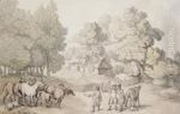 Mares And Foals In A Paddock Oil Painting by Thomas Rowlandson