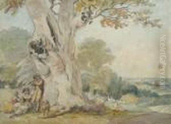 A Shepherd Playing A Flute To A Maiden And Her Dog Oil Painting by Thomas Rowlandson