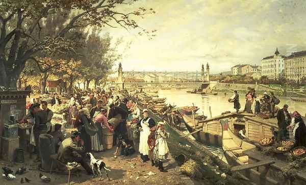 Fruit market in Schazel, near the Maria Theresa Bridge, Vienna, 1895 Oil Painting by Alois Schonn