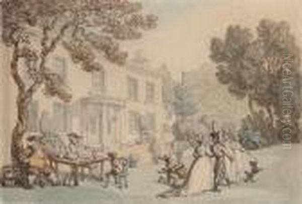 An Officer And Ladies Promenading Outside A Country House Oil Painting by Thomas Rowlandson