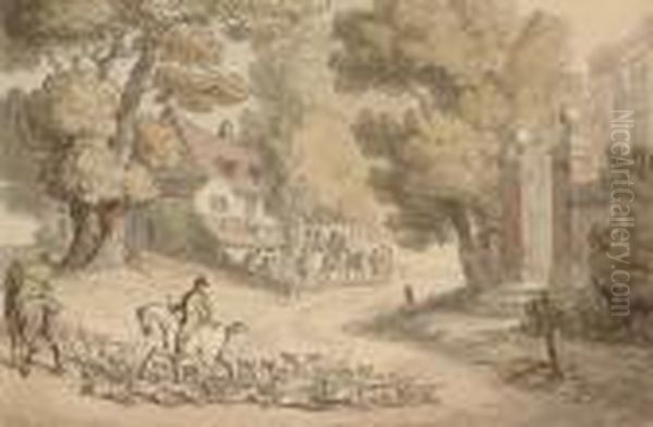 The Meet Of A Hunt At The Fox Inn Oil Painting by Thomas Rowlandson