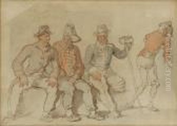 A Study Of Four Men, Three Seated, Three Inuniform Jackets, Some Wounded Oil Painting by Thomas Rowlandson