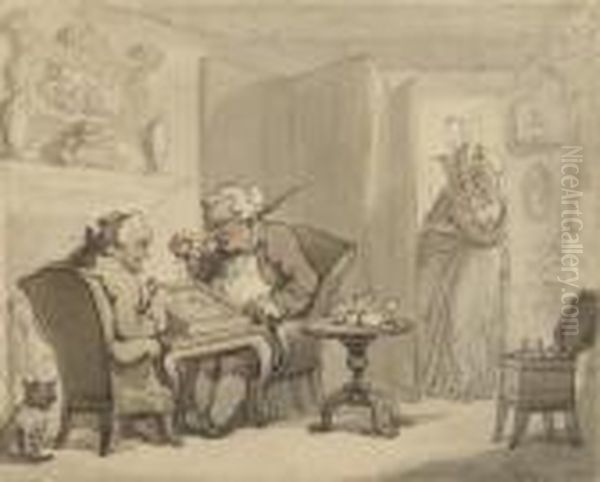 Two Gentlemen Playing Backgammon In An Interior, A Pair Of Lovers In The Doorway Oil Painting by Thomas Rowlandson