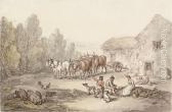 A Farmyard Scene With Figures And Animals Oil Painting by Thomas Rowlandson