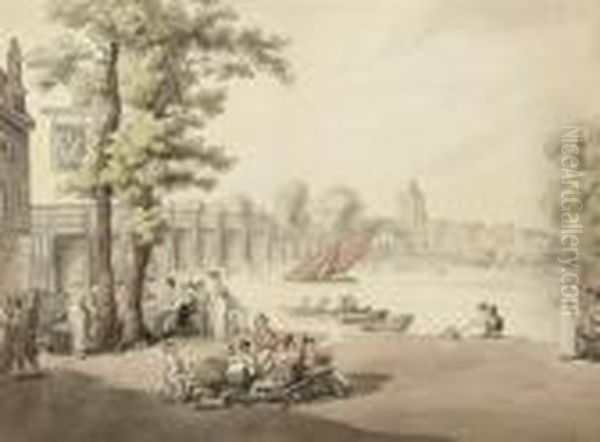 The Old Swan Inn, With A View Of Putney Bridge Beyond Oil Painting by Thomas Rowlandson