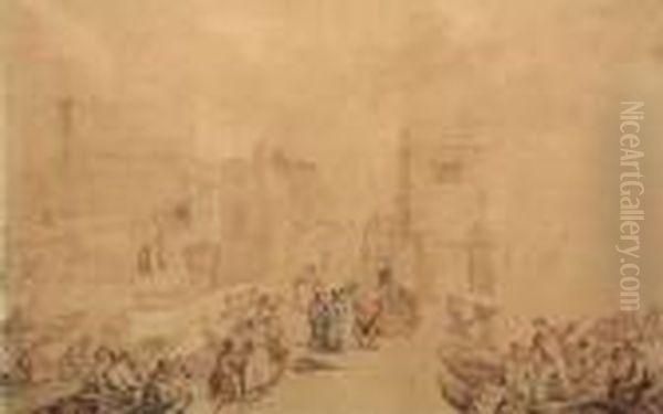 A Busy Harbour Scene Withnumerous Crowded Ferry Boats And Figures Oil Painting by Thomas Rowlandson