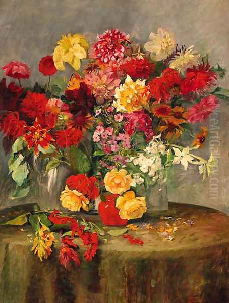 Summer flowers on a table Oil Painting by Alois Schonn