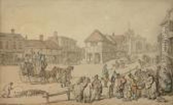 A Busy Day On The High Street, Barnet, Middlesex Oil Painting by Thomas Rowlandson