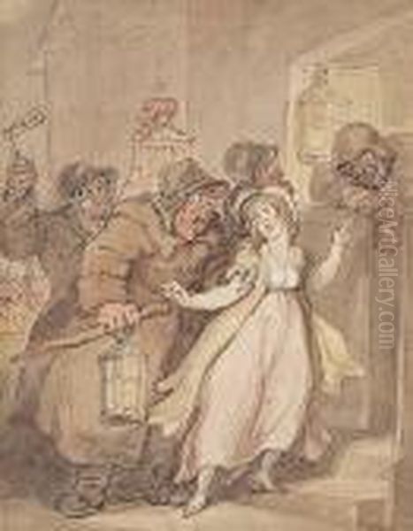 The Night Watch Picking Up A Waywardgirl Oil Painting by Thomas Rowlandson