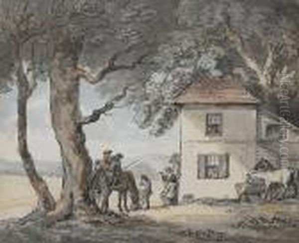 Horses And Cart Outside A Country Pub Oil Painting by Thomas Rowlandson