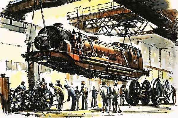 A Beyer-Garratt boiler section lifted clear of the two end units during an overhaul Oil Painting by John S. Smith