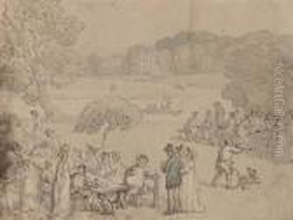 Figures Picnicking By The Thames At Twickenham Oil Painting by Thomas Rowlandson