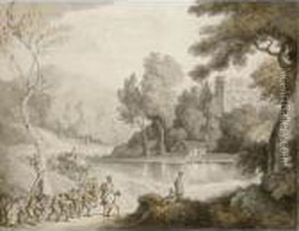 Soldiers In A Procession Past A Lake Oil Painting by Thomas Rowlandson