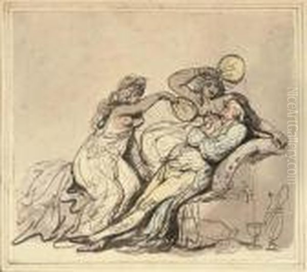 Deux Femmes Agitant Des Eventails Devant Un Homme Assis Sur Un Fauteuil Oil Painting by Thomas Rowlandson