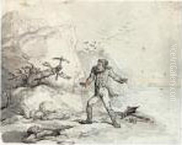 Napoleon On The Shores Of St 
Helena, Menaced By A Devil With A Pick And Shovel, A Grave-digger 
Looking On Oil Painting by Thomas Rowlandson