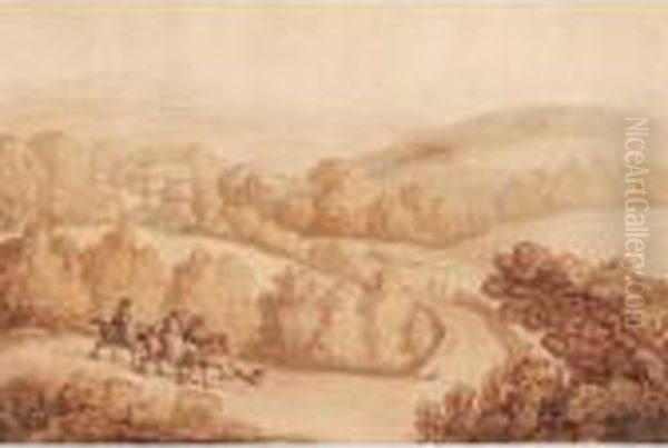 Men On Horseback In A Landscape Oil Painting by Thomas Rowlandson