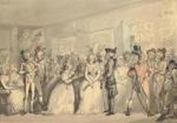 Foyer Of The Haymarket Theatre During The 'surrender Of Calais' Oil Painting by Thomas Rowlandson