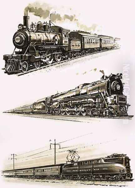 Montage of US trains Oil Painting by John S. Smith