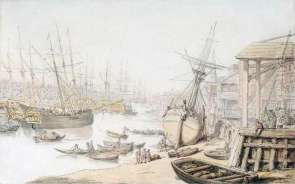 A View On The Thames With Numerous Ships And Figures On The Wharf Oil Painting by Thomas Rowlandson