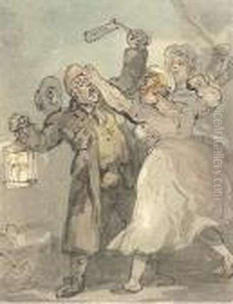 Attacking The Night Watchman Oil Painting by Thomas Rowlandson