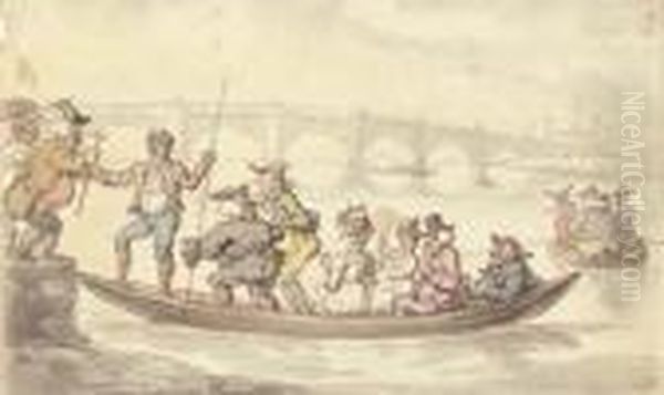 A River Ferry On The Thames Oil Painting by Thomas Rowlandson