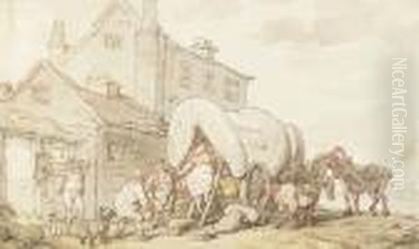 Ladies Of Easy Virtue Mounting A Wagon Outside An Inn Oil Painting by Thomas Rowlandson