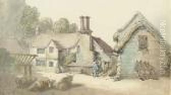 View Of Cottage And Barnyard Oil Painting by Thomas Rowlandson