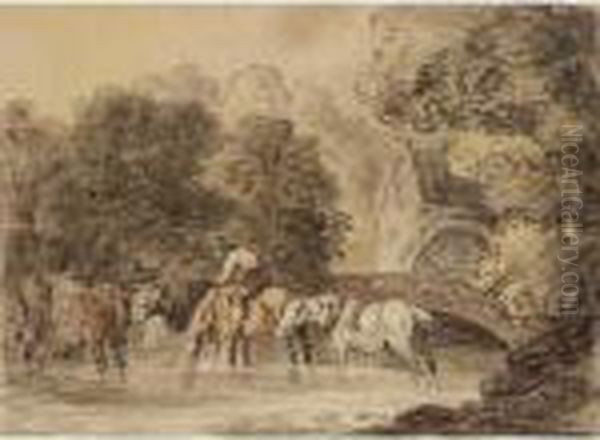 A Figure Watering His Cart Horses In A Stream Oil Painting by Thomas Rowlandson