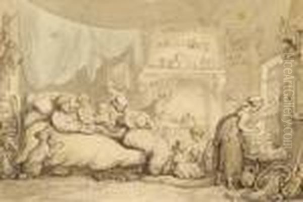 A Father In His Bed Surrounded By His Wife And Children Oil Painting by Thomas Rowlandson