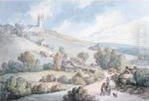 Figures On A Track Approaching St.cullum's Church, Cornwall Oil Painting by Thomas Rowlandson