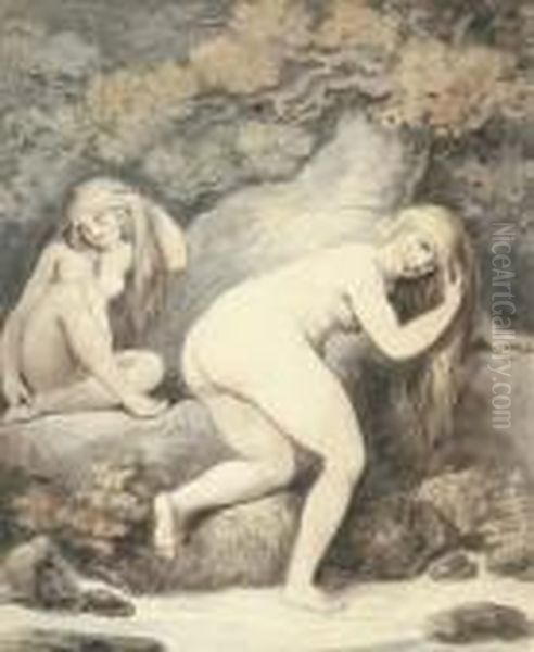 Two Women Bathing In A Stream Oil Painting by Thomas Rowlandson