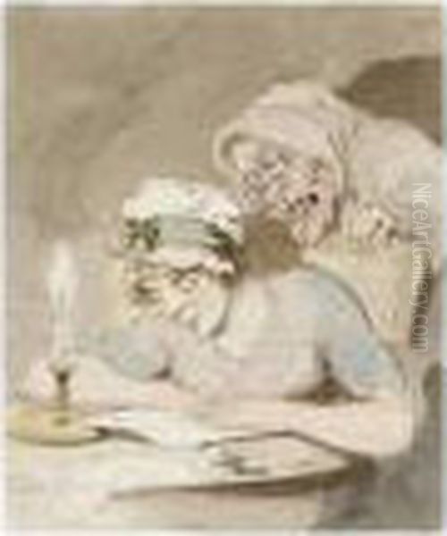 A Young Lady Reading A Book, An Old Hag At Her Shoulder Oil Painting by Thomas Rowlandson