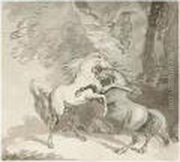 Horses Fighting On A Woodland Path Oil Painting by Thomas Rowlandson