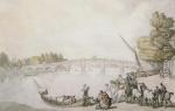 Boat Disembarking On The Thames Near Kew Bridge Oil Painting by Thomas Rowlandson