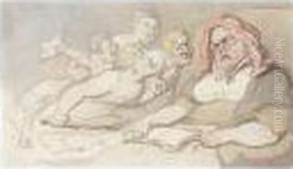 Disrespectful Youths Trying To Wake A Sleeping Woman Oil Painting by Thomas Rowlandson