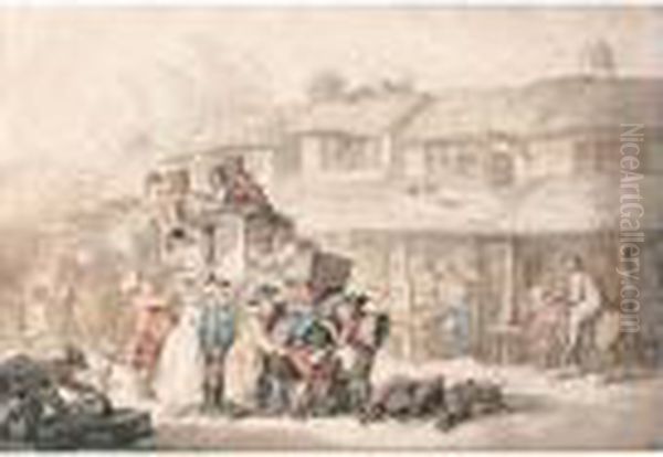 The Arrival Of The Stagecoach At Bodmin, Cornwall Oil Painting by Thomas Rowlandson