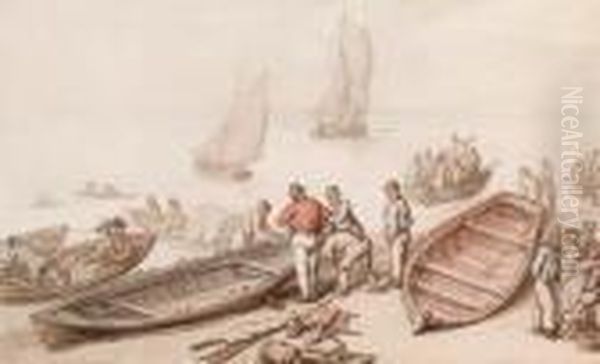 A Scene With Boats Including Sailors And Other Figures Oil Painting by Thomas Rowlandson