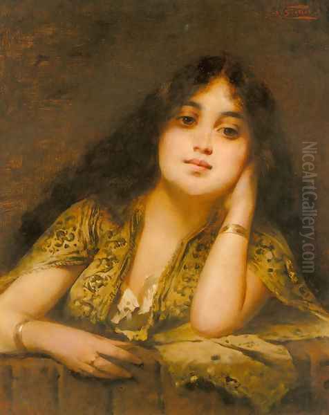 A Young Oriental Beauty Oil Painting by Nathaniel Sichel