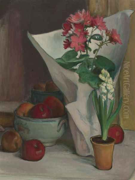 Apples and Flowers in White Paper Oil Painting by Wladyslaw Slewinski