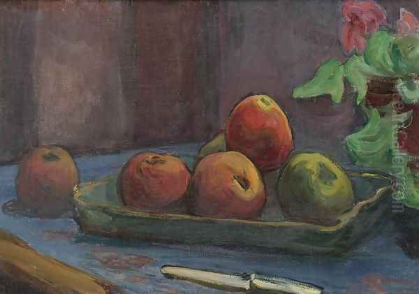 Apples with a Knife and a Pot of Begonias Oil Painting by Wladyslaw Slewinski