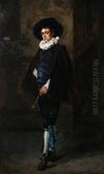 Standing Cavalier In Blue Oil Painting by Ferdinand Victor Leon Roybet