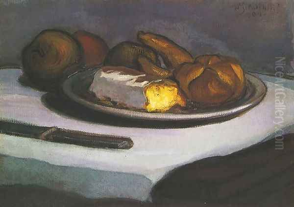 Still Life with Bread Rolls and a Knife Oil Painting by Wladyslaw Slewinski