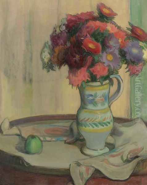 Green Apple and Flowers Oil Painting by Wladyslaw Slewinski