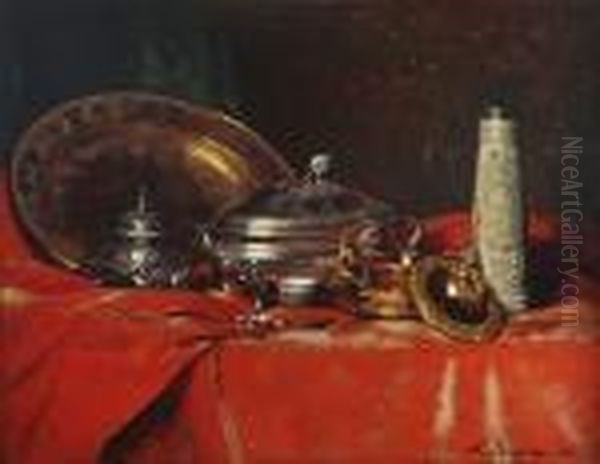 Nature Morte Aux Pieces D'argenterie Oil Painting by Ferdinand Victor Leon Roybet